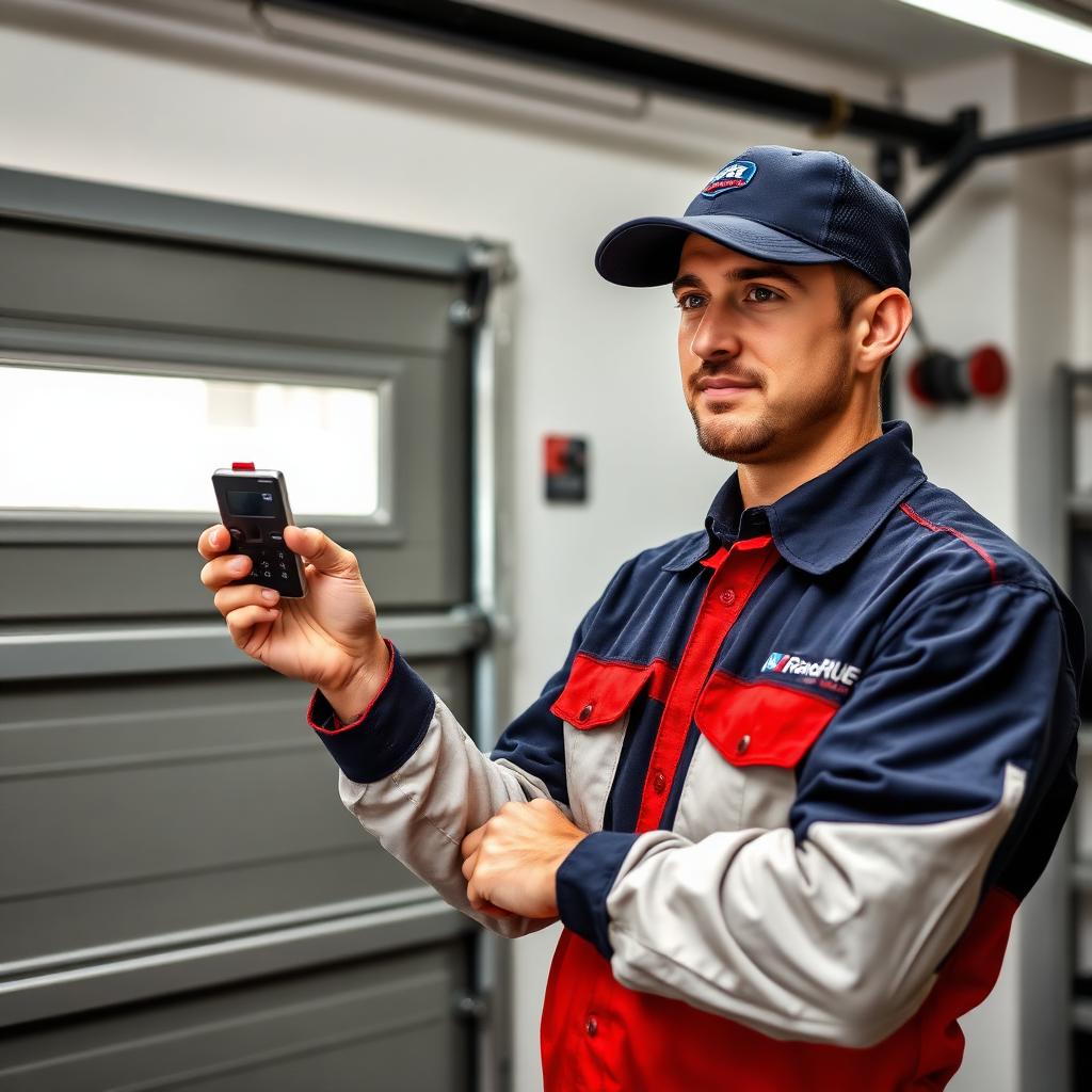 Uniformed Ponder Garage Doors technician programming garage door remote